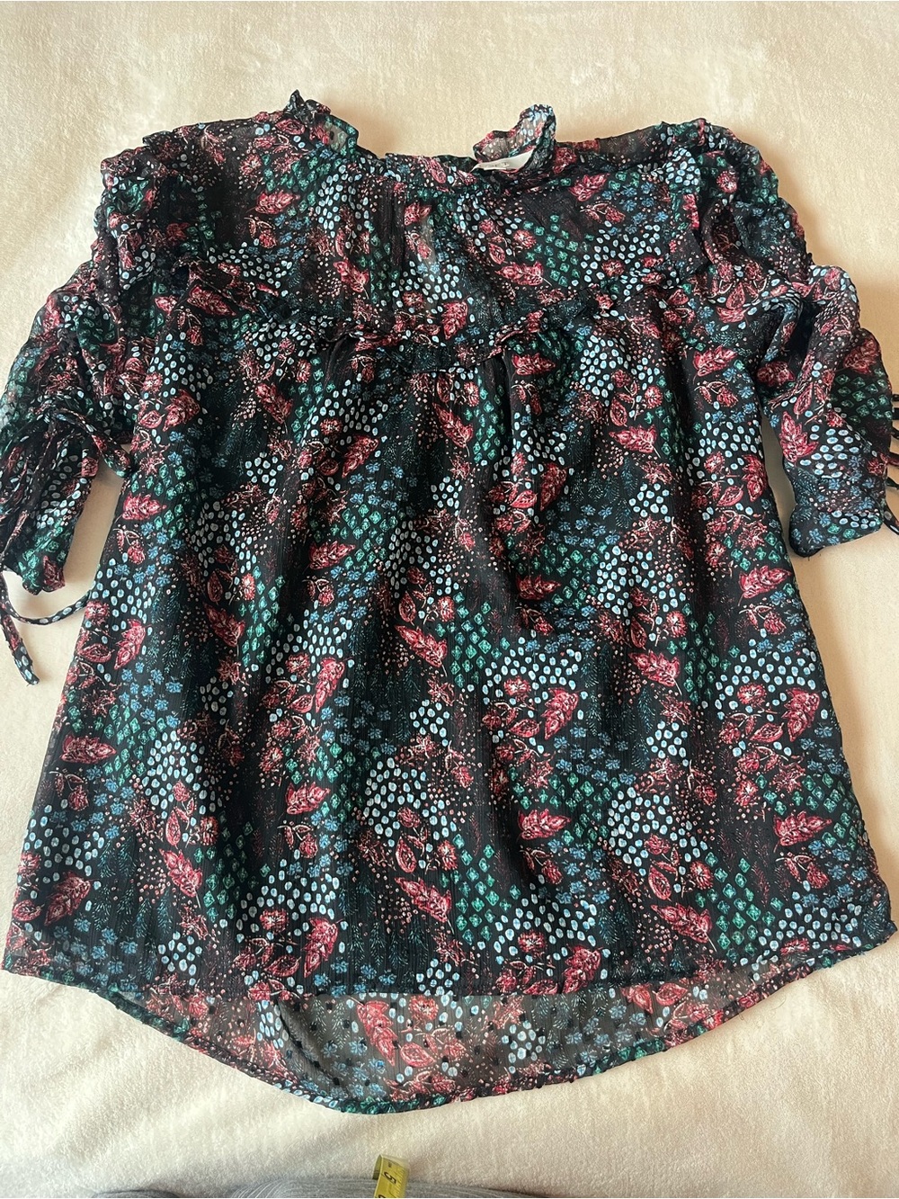 LOFT Floral Blouse Ruffle Neck Ruched Tie Short Sleeves Lined Chic Feminine SZ S